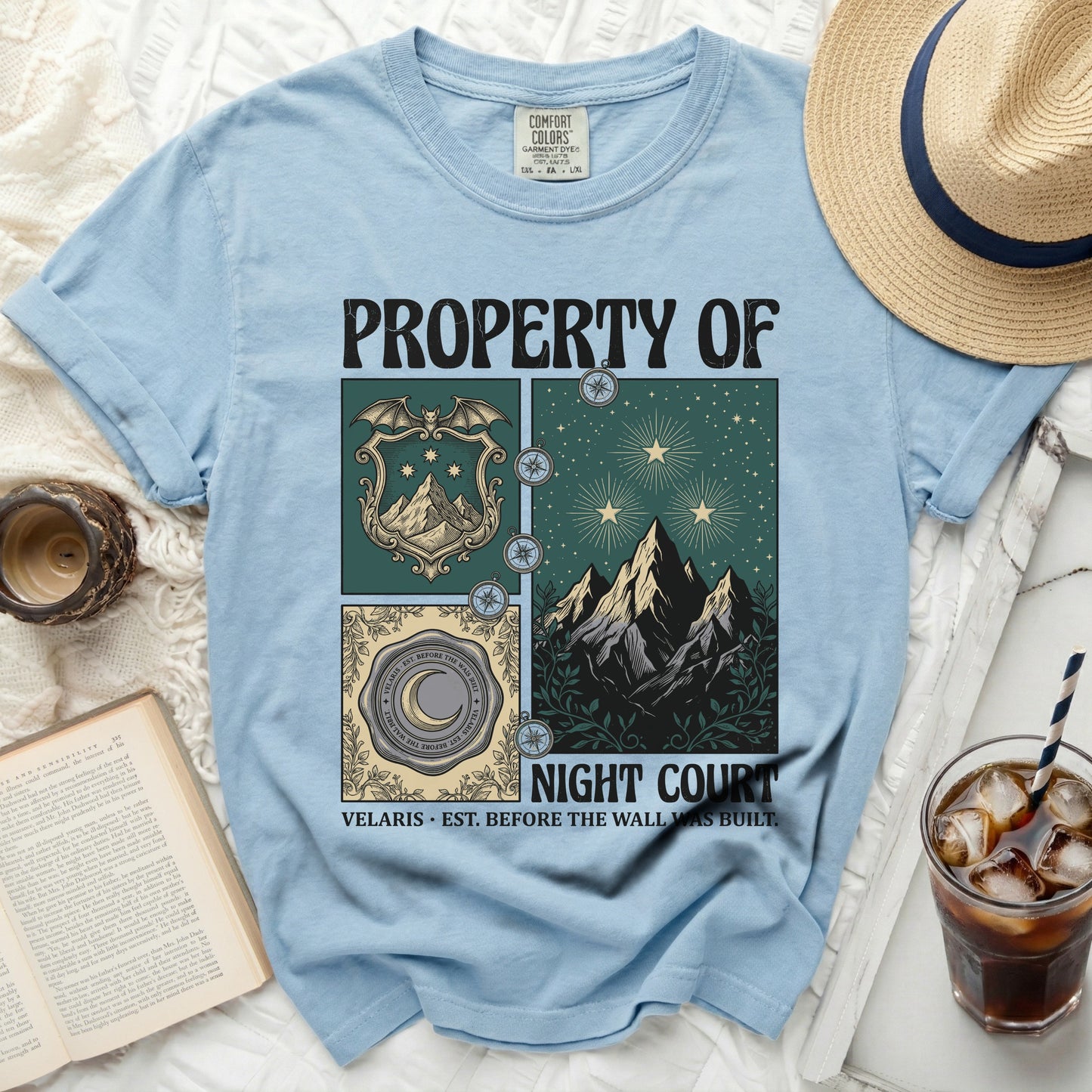 Light blue t-shirt with "PROPERTY OF NIGHT COURT VELARIS" graphic.