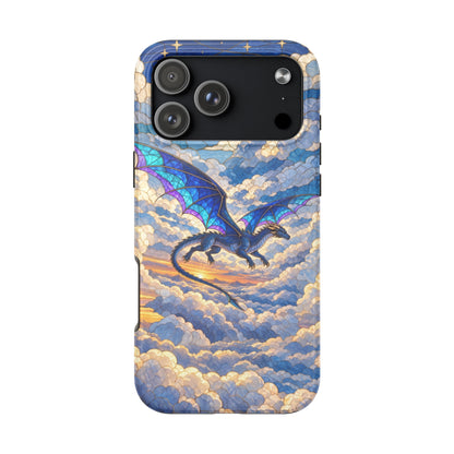 A blue dragon flies through a sunset sky of clouds on this smartphone case.