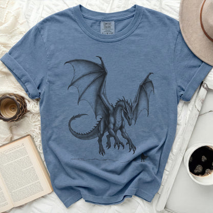 Blue t-shirt with a black dragon graphic and "THRESHING." text.