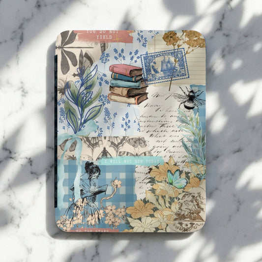 Collage journal with vintage stamps, books, floral motifs, and script text.