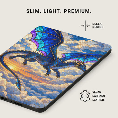 Blue dragon in stained glass pattern over clouds and sunset with text.