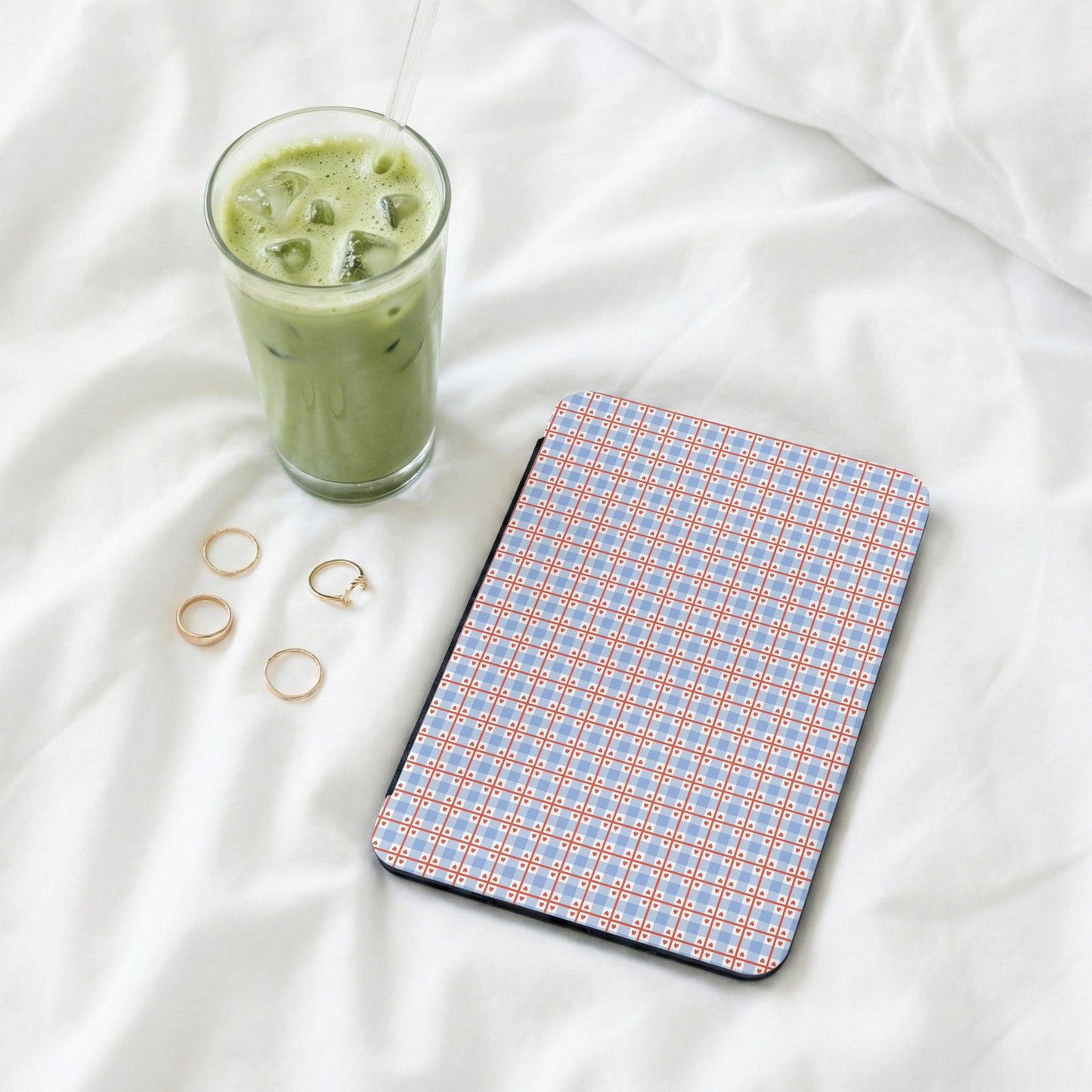 Blue and Red Plaid Tablet Case with Rings and Iced Drink