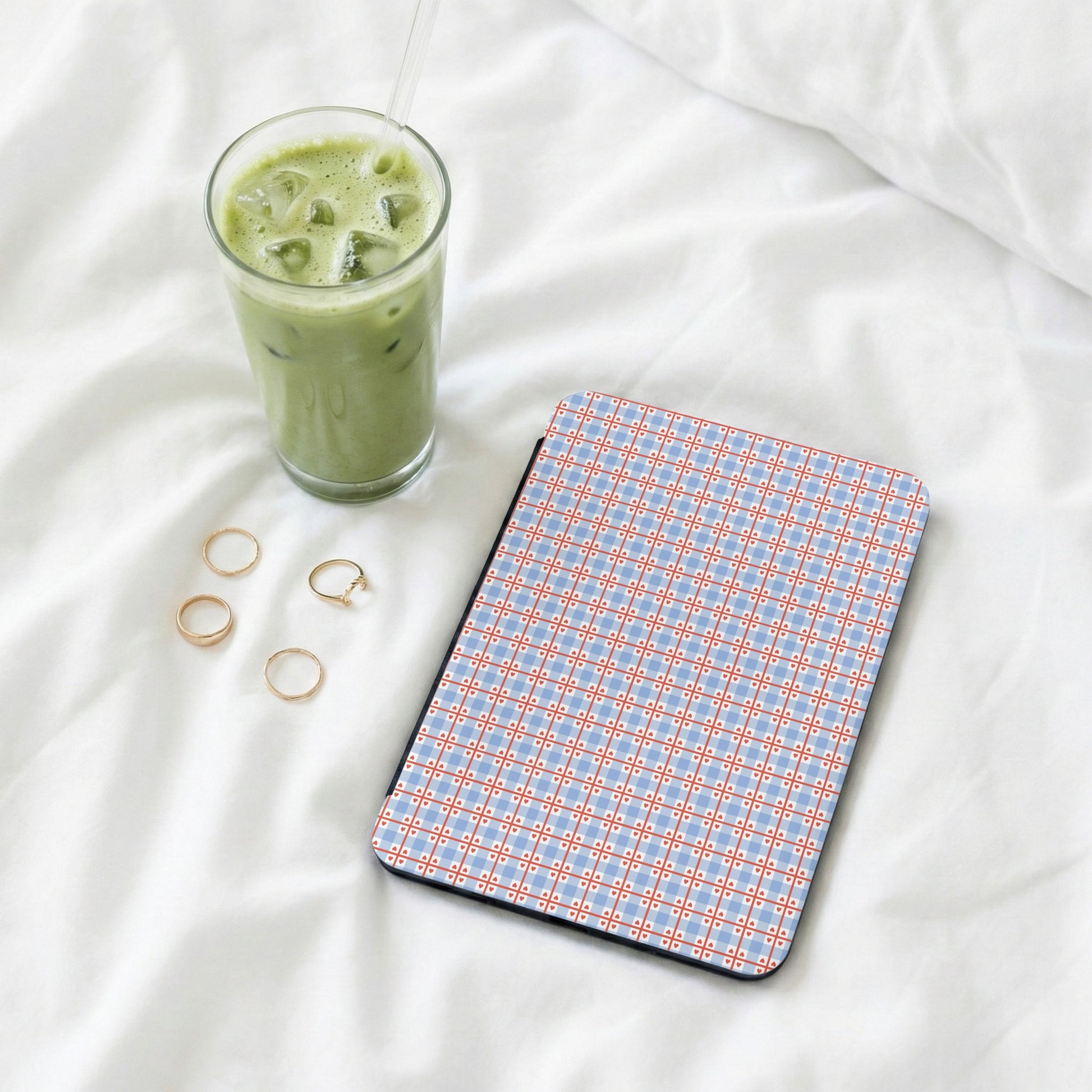 Blue and Red Plaid Tablet Case with Rings and Iced Drink