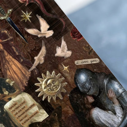 Collage with knight, maiden, dagger, sun, doves, and text "i love you,".