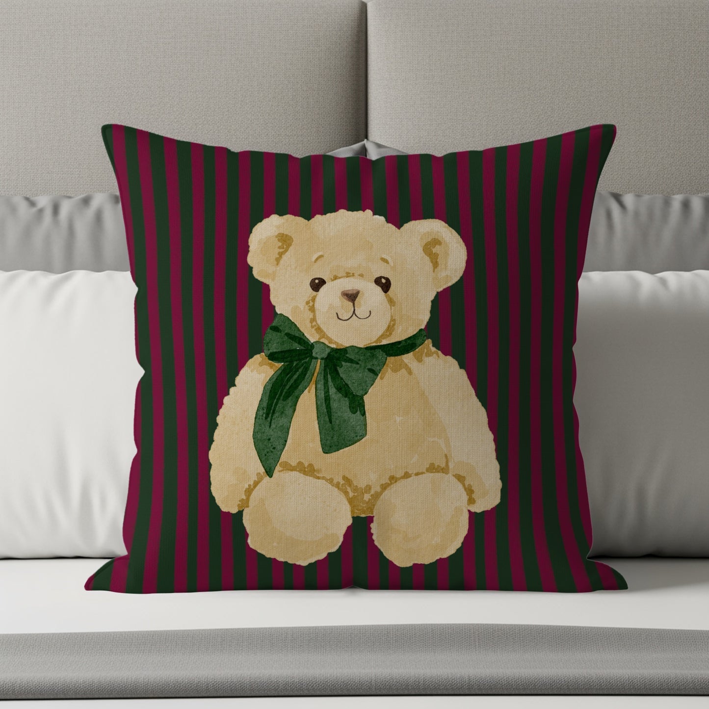 Striped Pillow with Cute Bear Illustration Decor Item
