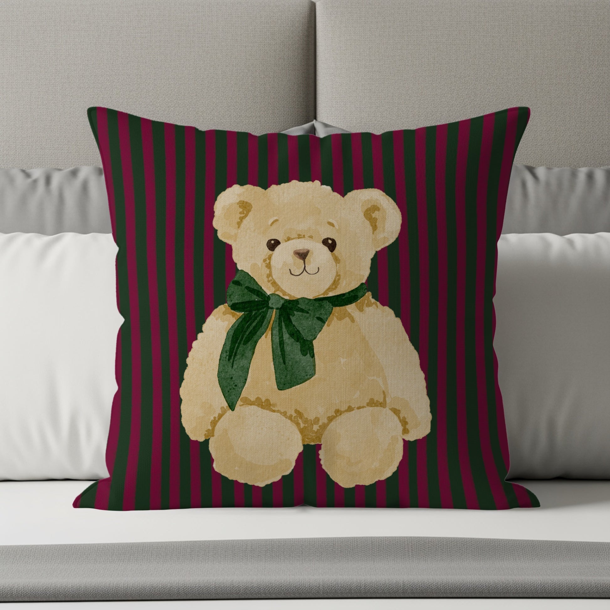 Striped Pillow with Cute Bear Illustration Decor Item