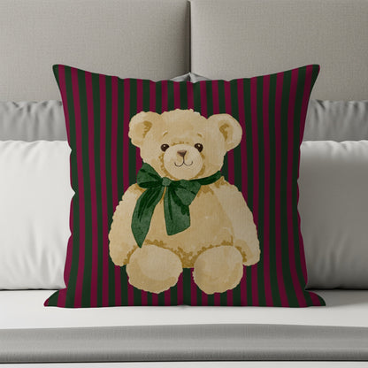 Striped Pillow with Cute Bear Illustration Decor Item