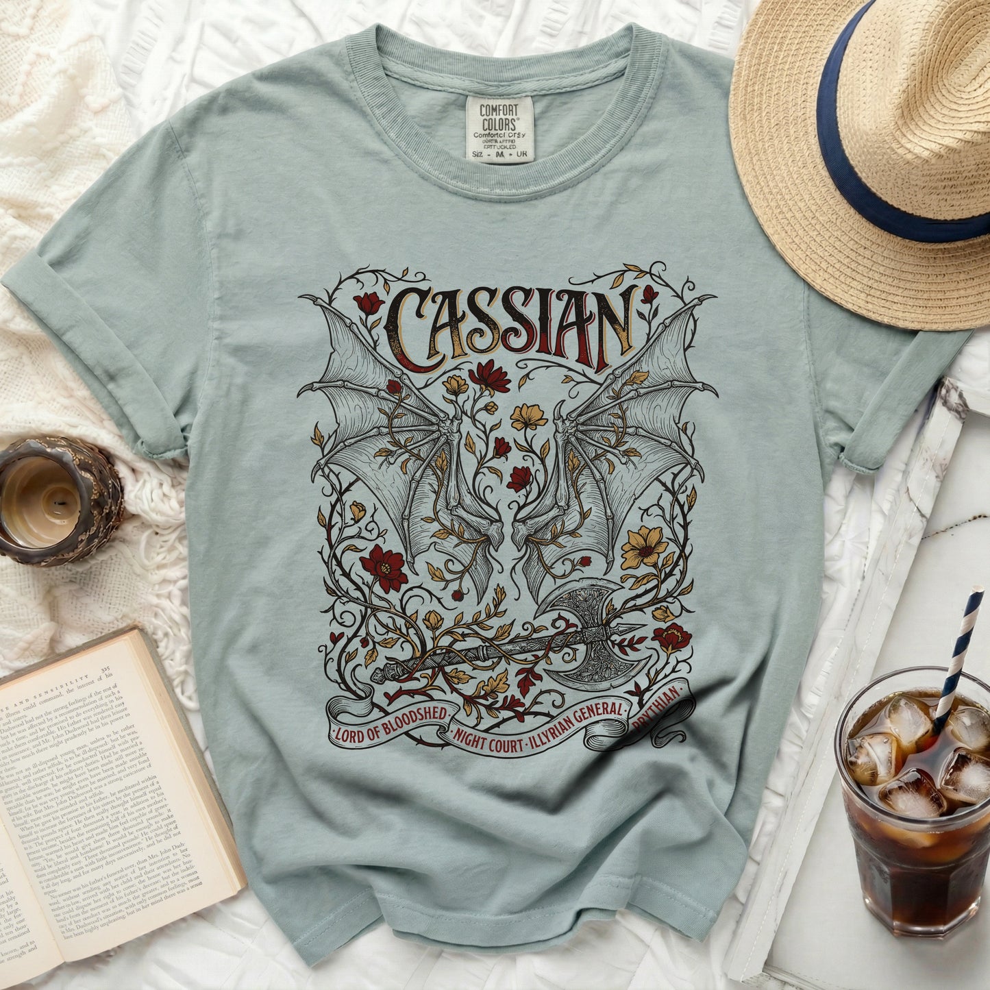 Cassian shirt with dragon wings, axe, and floral design, "Lord of Bloodshed" text.