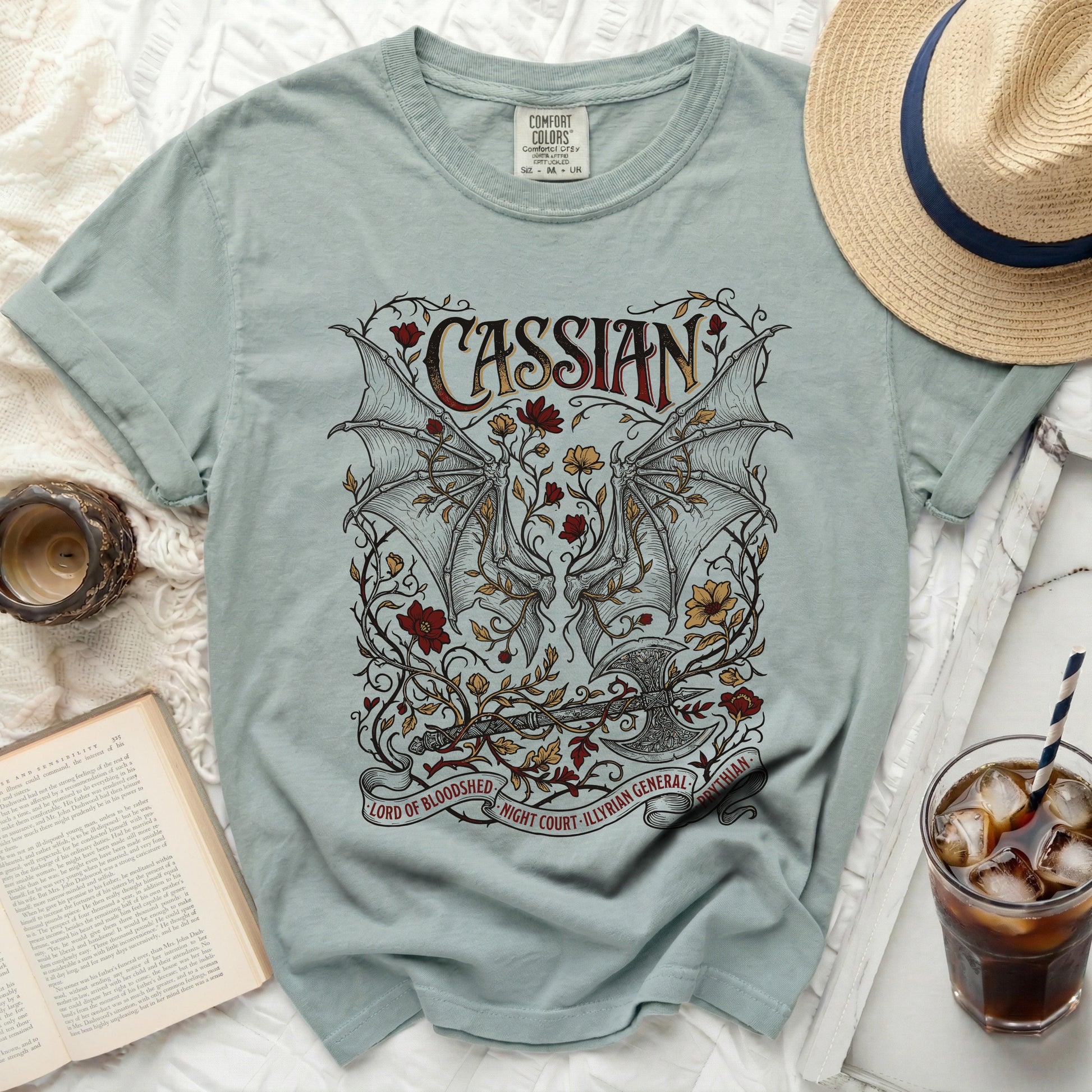 Cassian shirt with dragon wings, axe, and floral design, "Lord of Bloodshed" text.