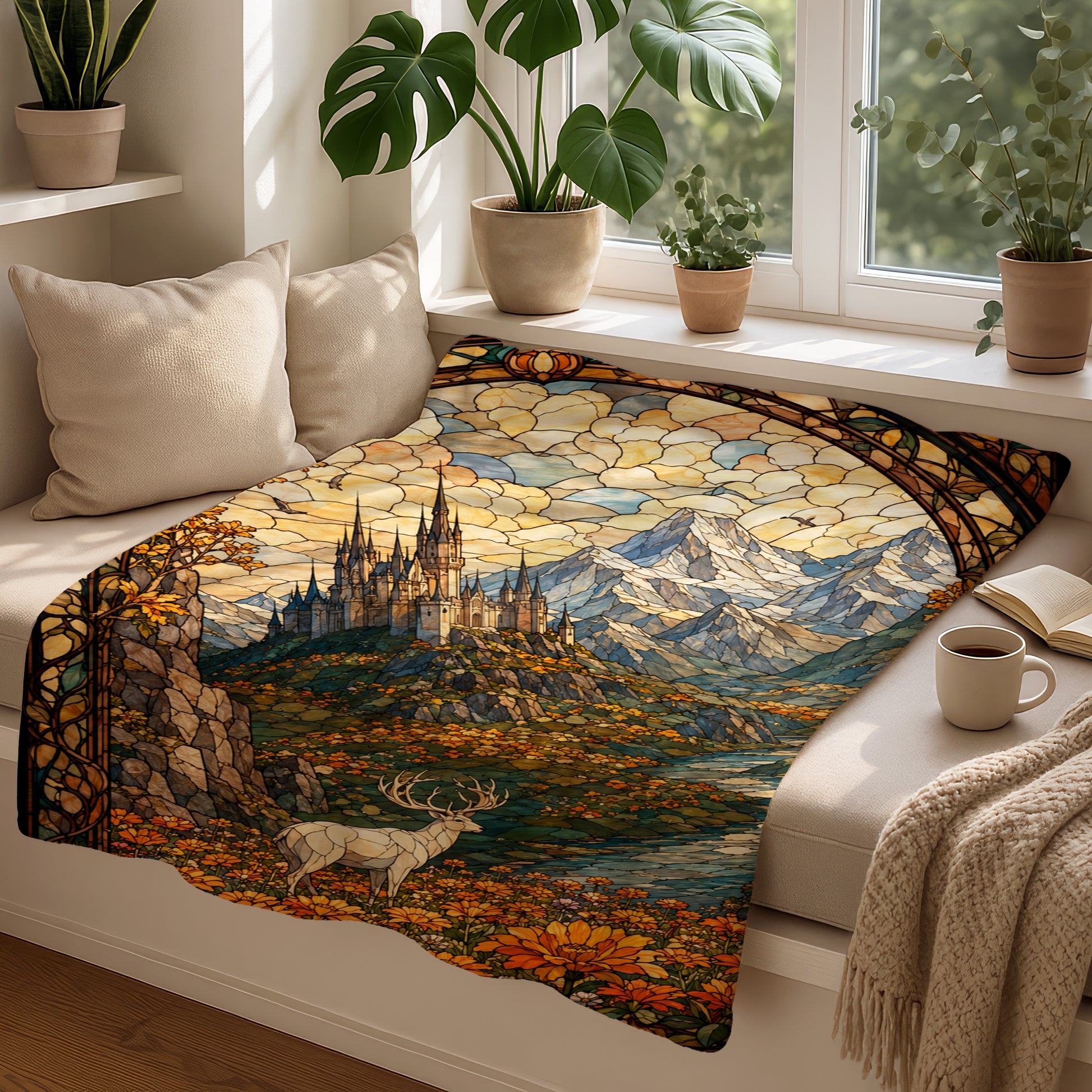 Stained glass blanket with a castle, mountains, deer, and flowers in a landscape scene.