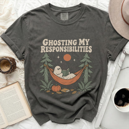 Ghosting My Responsibilities ghost reading in hammock with pumpkin and book.