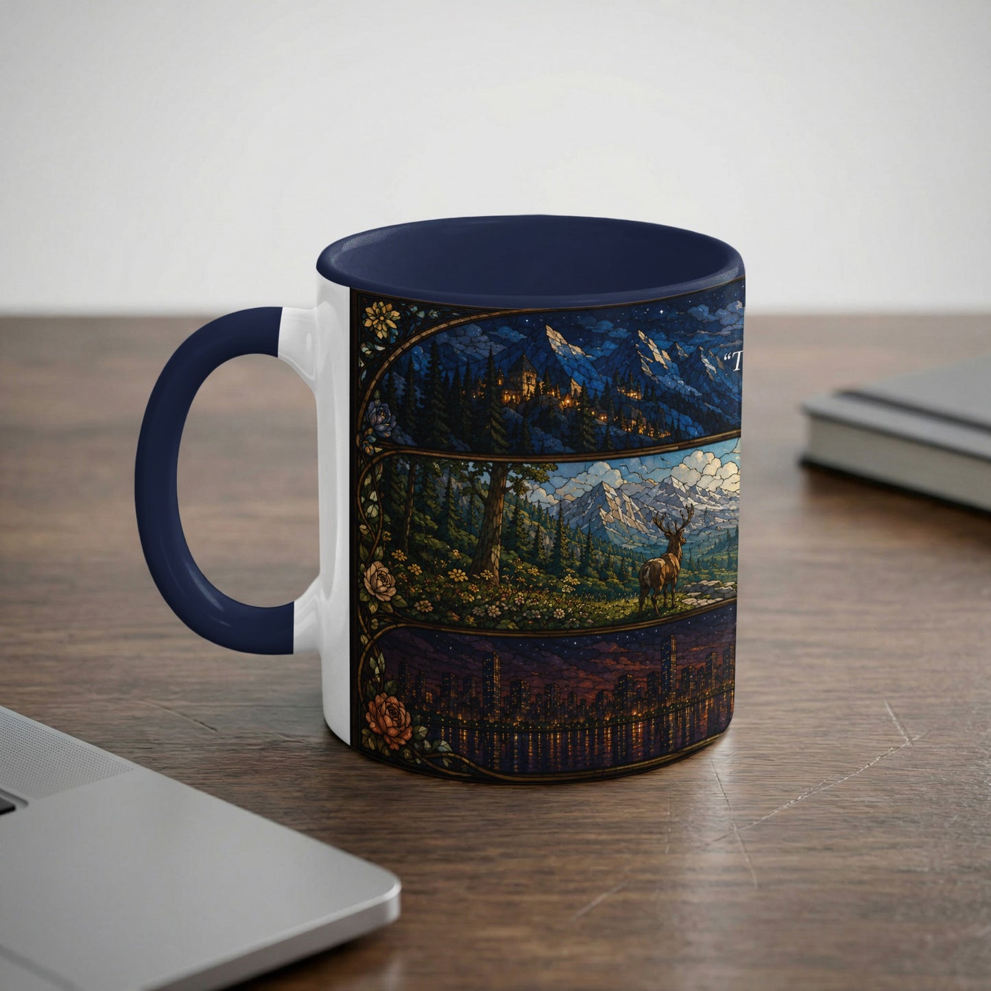 Mug with navy handle featuring tri-panel stained glass art of mountains, deer, and city skyline.