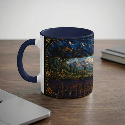 Mug with navy handle featuring tri-panel stained glass art of mountains, deer, and city skyline.