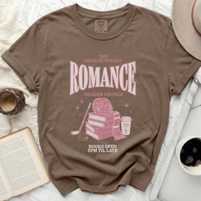 Brown t-shirt with "Bookish Hockey Reader Lounge" text and hockey imagery.