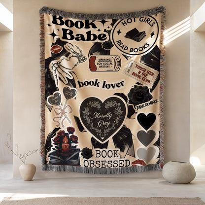 The image is a wall hanging featuring various book-related items and phrases, including a book, hot girls, read books, book lovers, and book-obsessed.