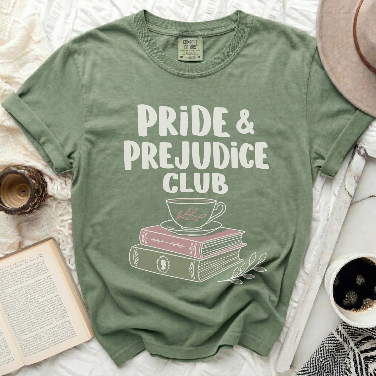 Green Comfort Colors t-shirt with "Pride & Prejudice Club" and tea cup over books.