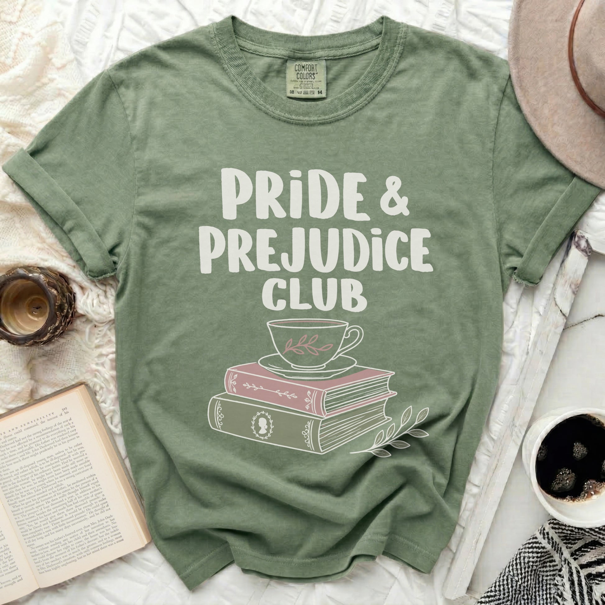 Green Comfort Colors t-shirt with "Pride & Prejudice Club" and tea cup over books.