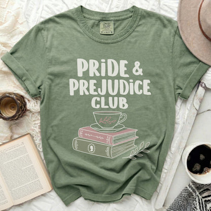 Green Comfort Colors t-shirt with "Pride & Prejudice Club" and tea cup over books.