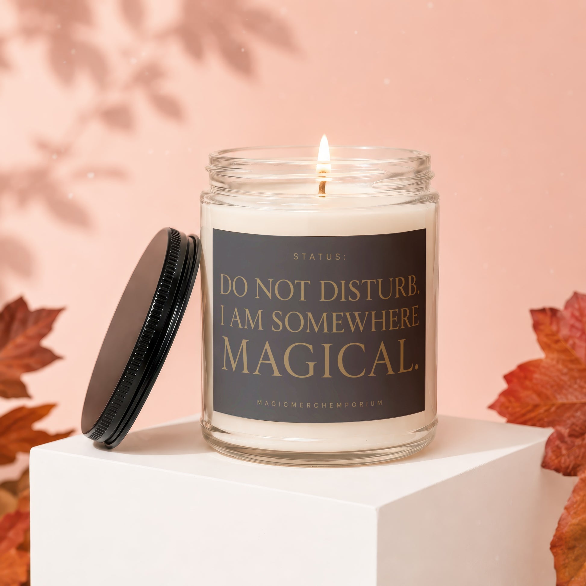 Lit candle in glass jar with "Status: Do Not Disturb. I Am Somewhere Magical." text.