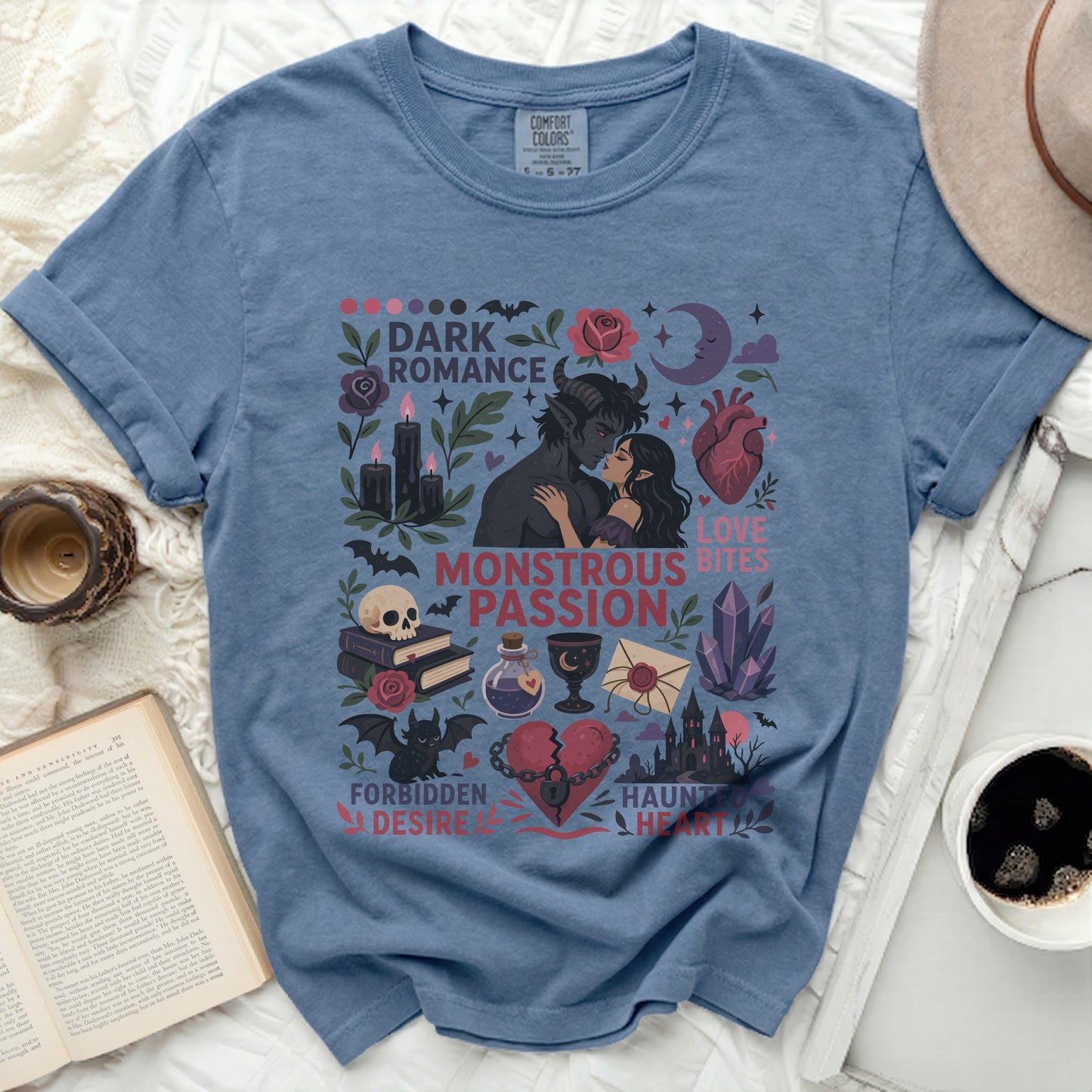 Dark Romance Monstrous Bites Passion t-shirt with gothic illustration and text.