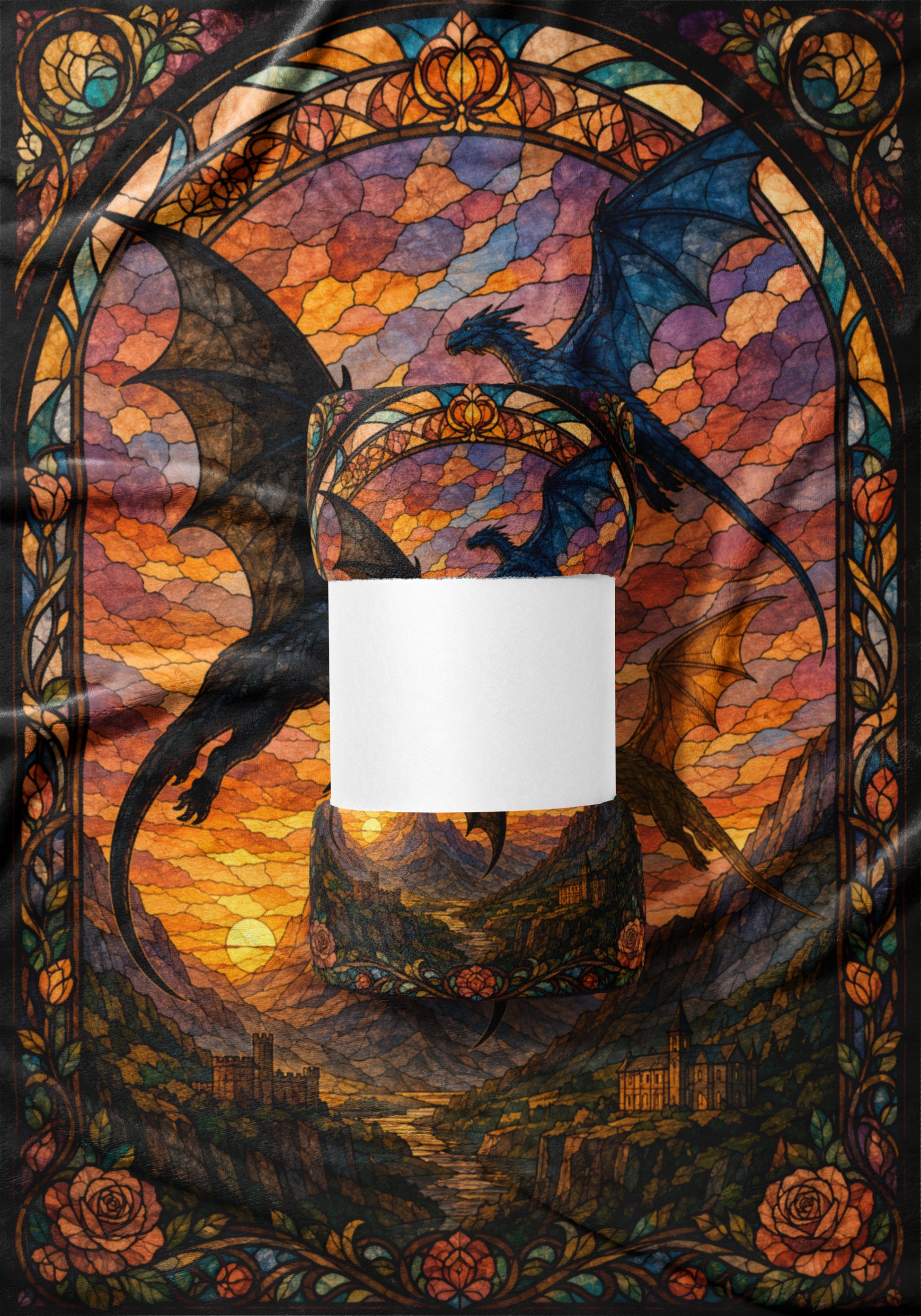 Dragons with stained glass artwork of a castle and mountains at sunset.