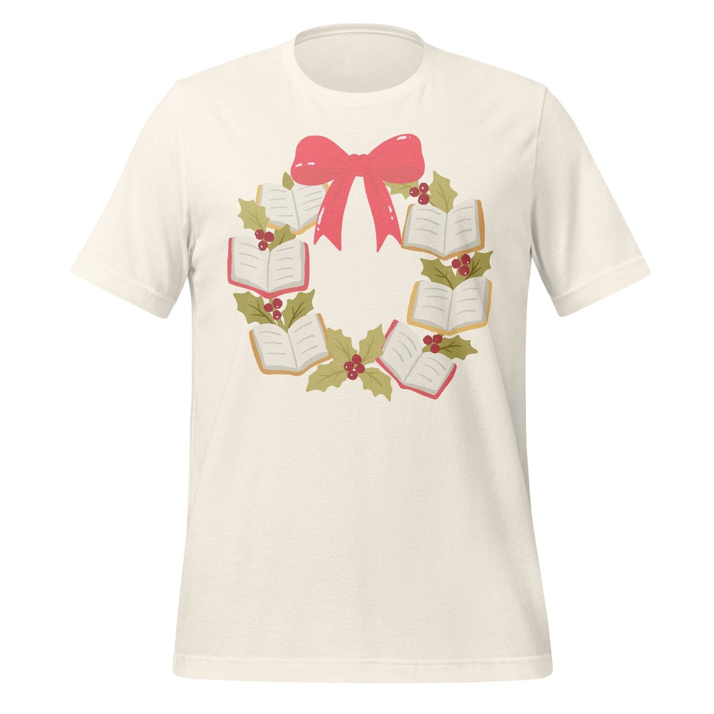 Wreath with Books and Red Ribbon Design T-shirt