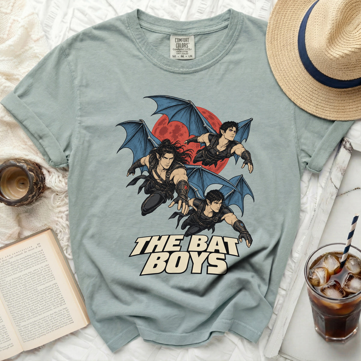 T-shirt with "The Bat Boys" text and three winged figures flying against a red moon.