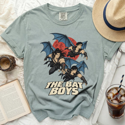 T-shirt with "The Bat Boys" text and three winged figures flying against a red moon.