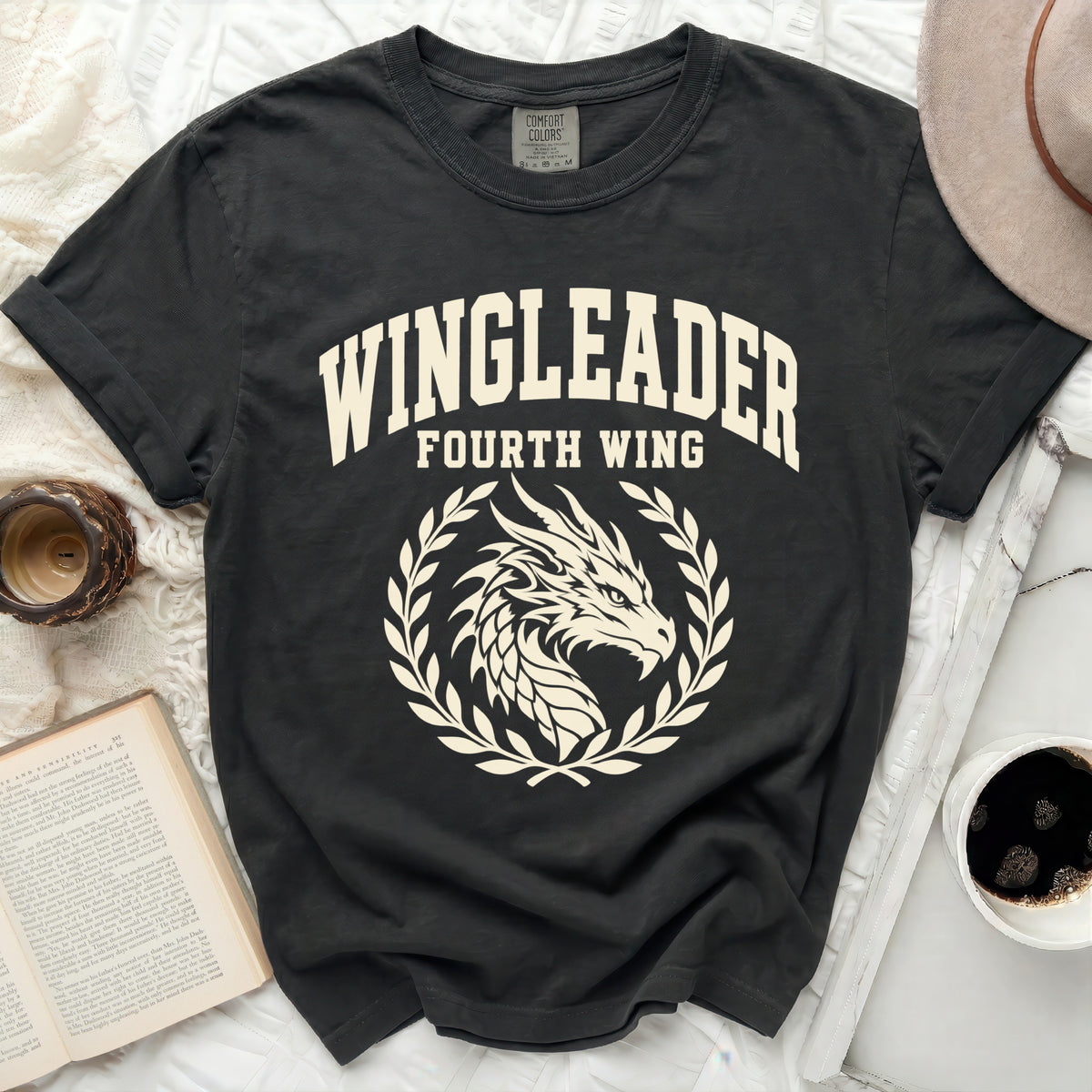 Black t-shirt with "WINGLEADER FOURTH WING" and a dragon design.