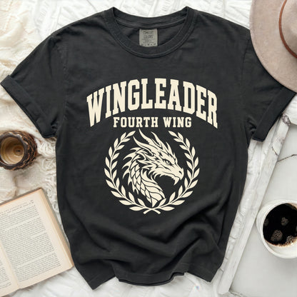 Black t-shirt with "WINGLEADER FOURTH WING" and a dragon design.