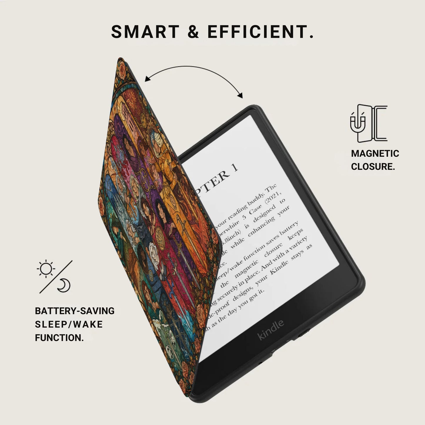 Kindle e-reader with patterned cover, magnetic closure, and battery-saving function.