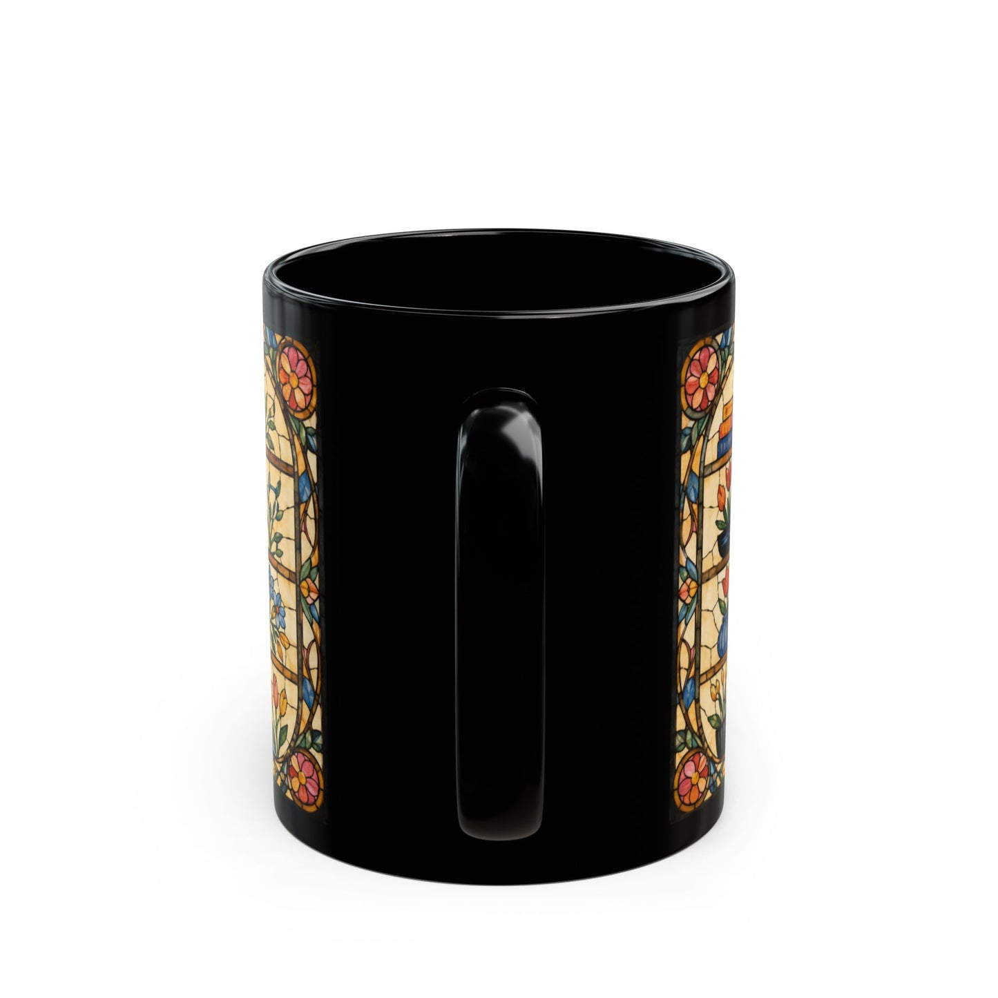 Black mug with stained glass floral border design on both sides.