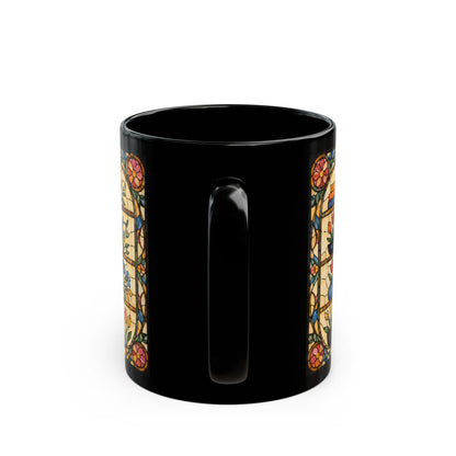 Black mug with stained glass floral border design on both sides.