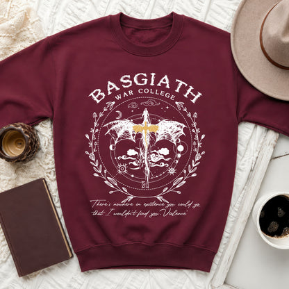 Maroon sweatshirt with "Basgiath War College" and dragon graphic.