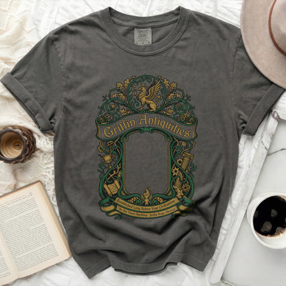 Dark grey t-shirt with "Griffin Antiquities" logo and "Established Long Before Your Civilization" text.