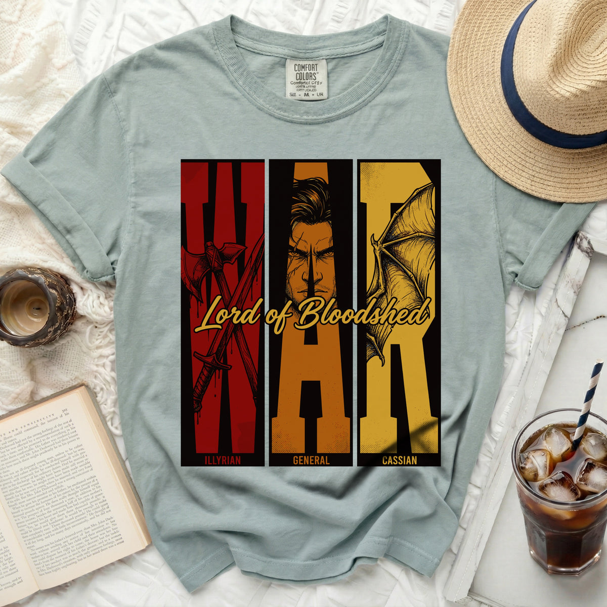 T-shirt with "WAR Lord of Bloodshed" graphic featuring an axe, a face, and wings.