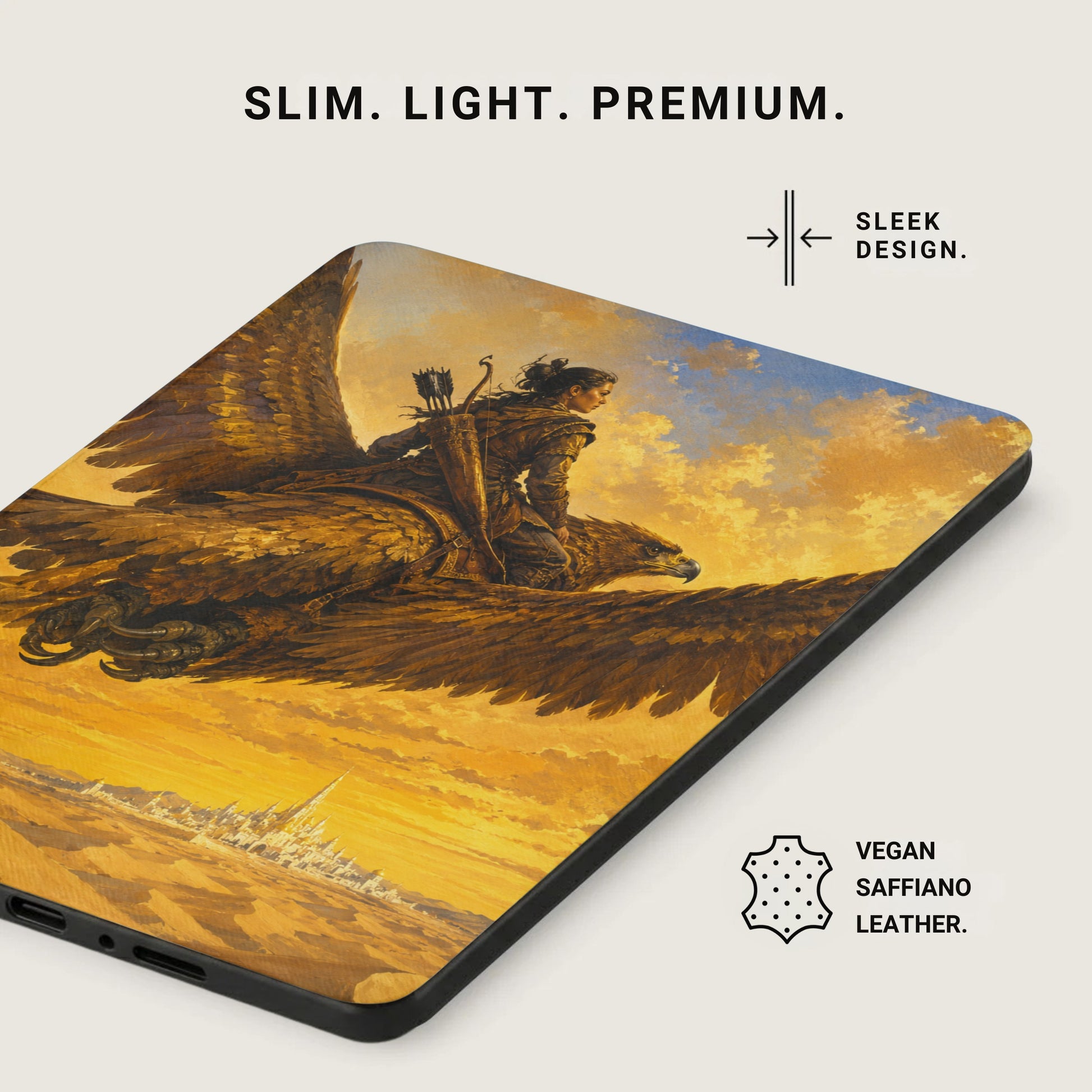 Phone case with a fantasy art design of a woman riding a bird over a desert city.
