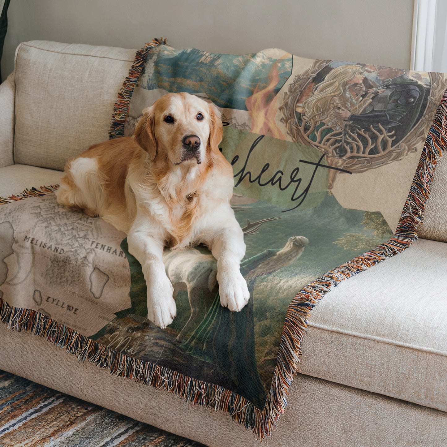 A golden retriever dog is lying on a couch with a colorful, patterned blanket featuring a map and the word "heart".
