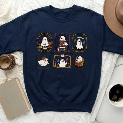 Navy sweatshirt featuring five framed cartoon ghosts reading books.