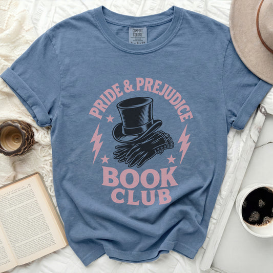 White t-shirt with "Pride & Prejudice Book Club" text and hat graphics.