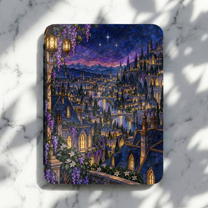 Stained glass art of a fantasy city with glowing windows and purple wisteria.