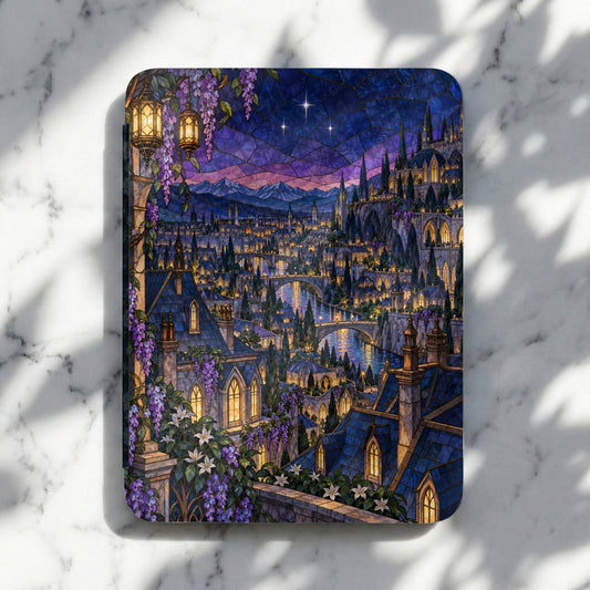 Stained glass art of a fantasy city with glowing windows and purple wisteria.
