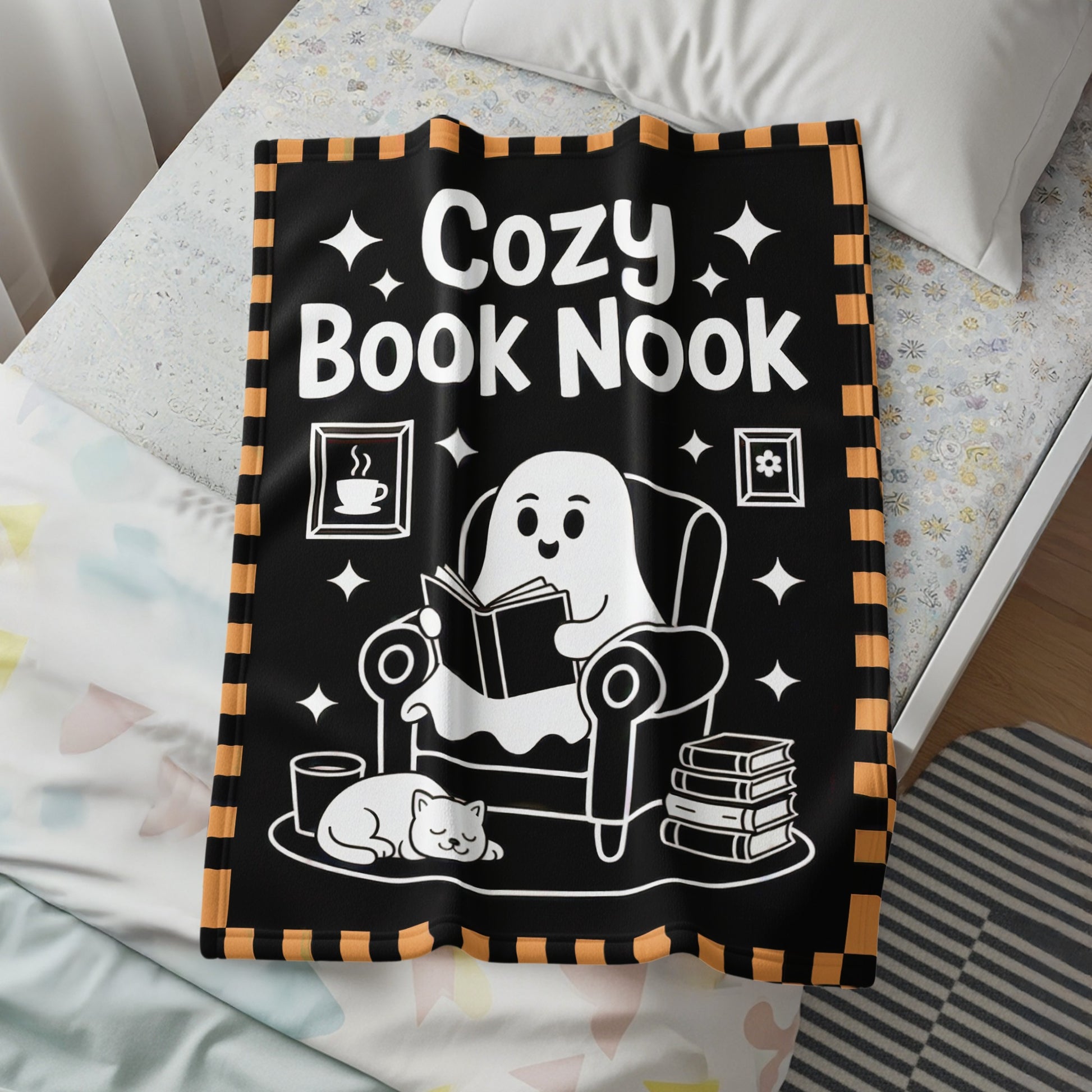 Cozy Book Nook Ghost Reading Throw Blanket