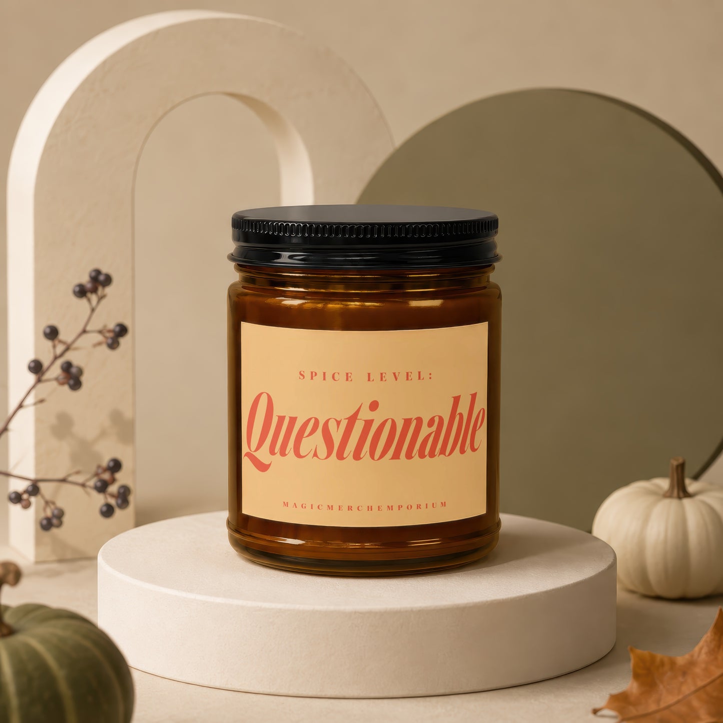 Candle with label reading "Spice Level: Questionable" from MagicMerchEmporium.