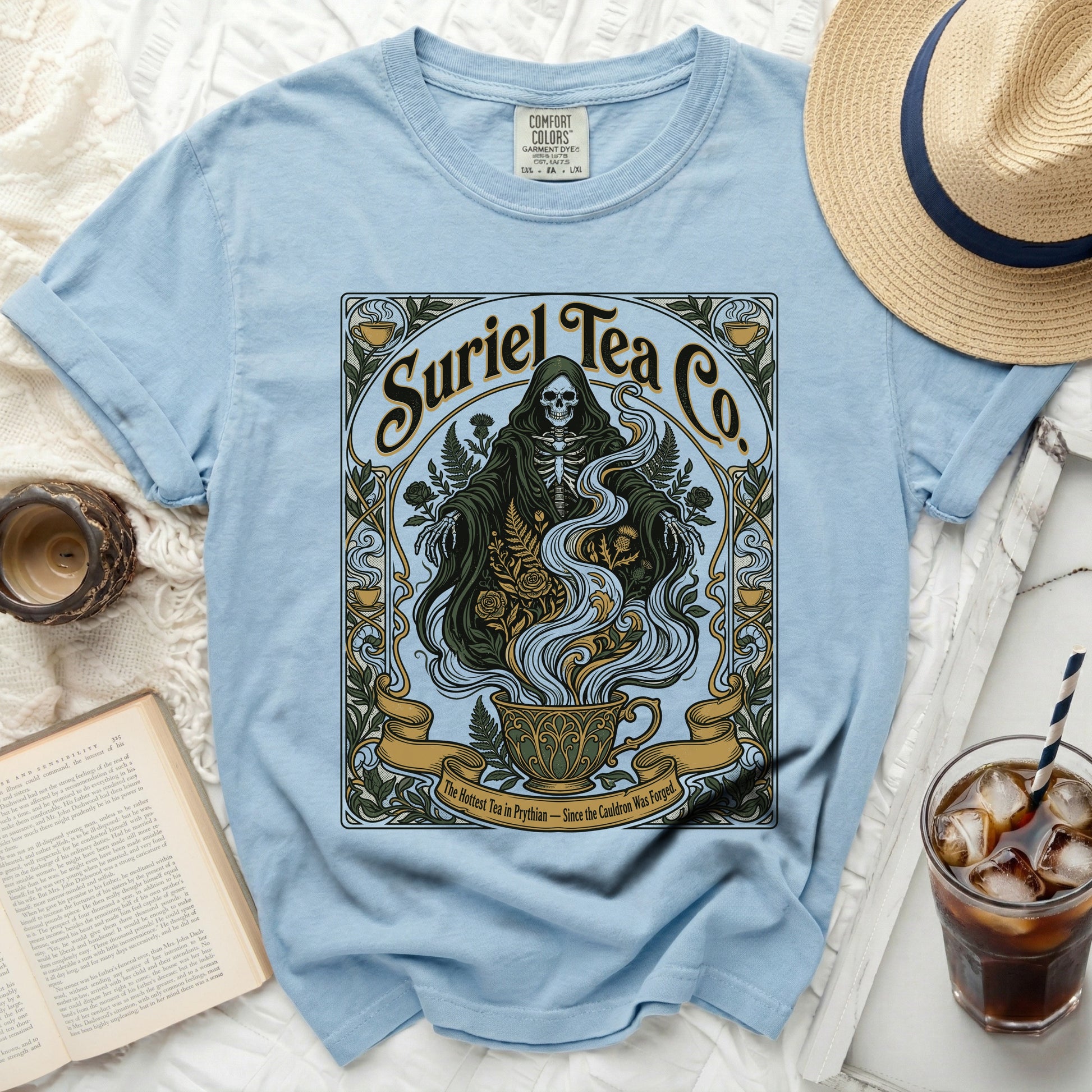 Suriel Tea Co. grim reaper with roses and steam from a teacup.