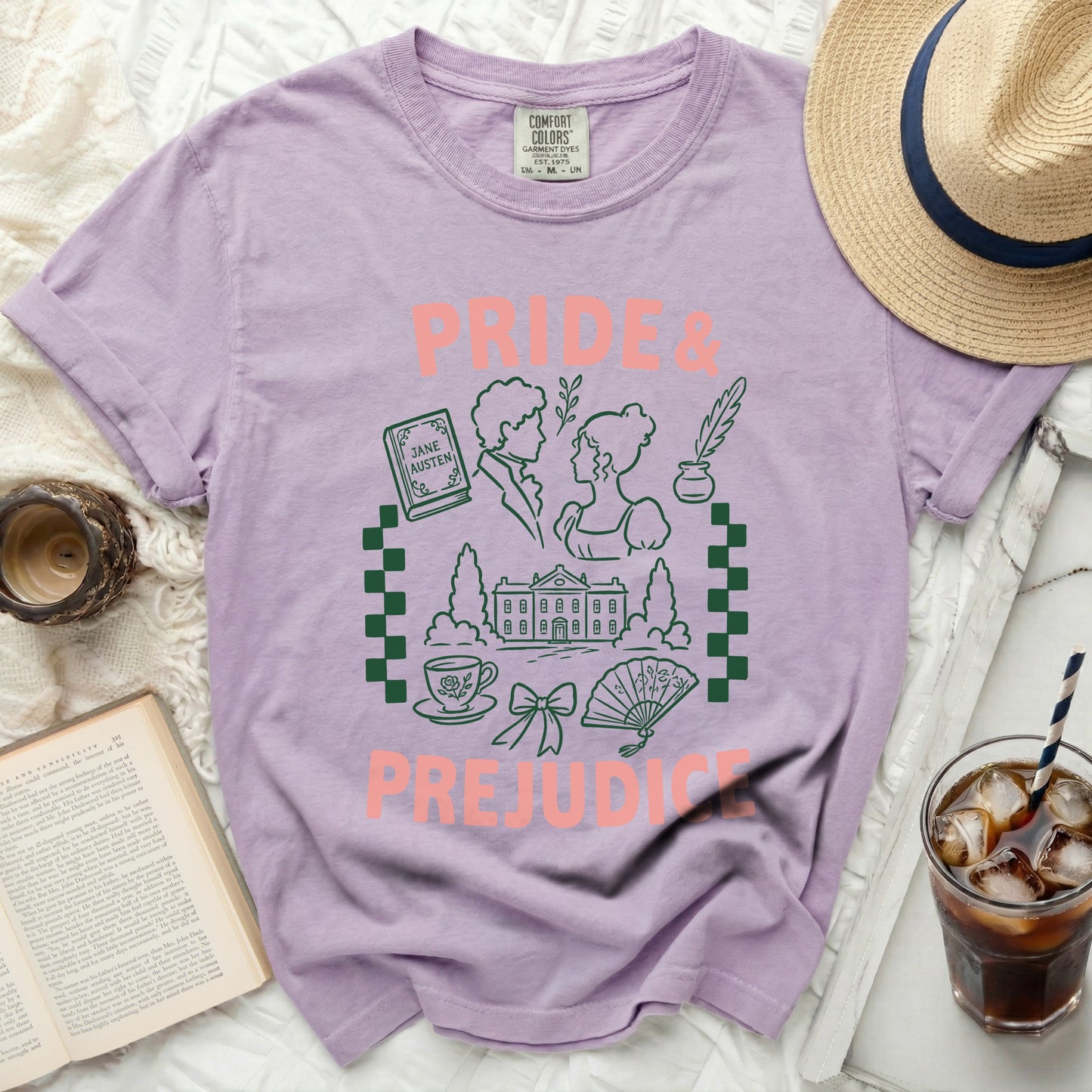 Purple t-shirt with "Pride & Prejudice" literary design.