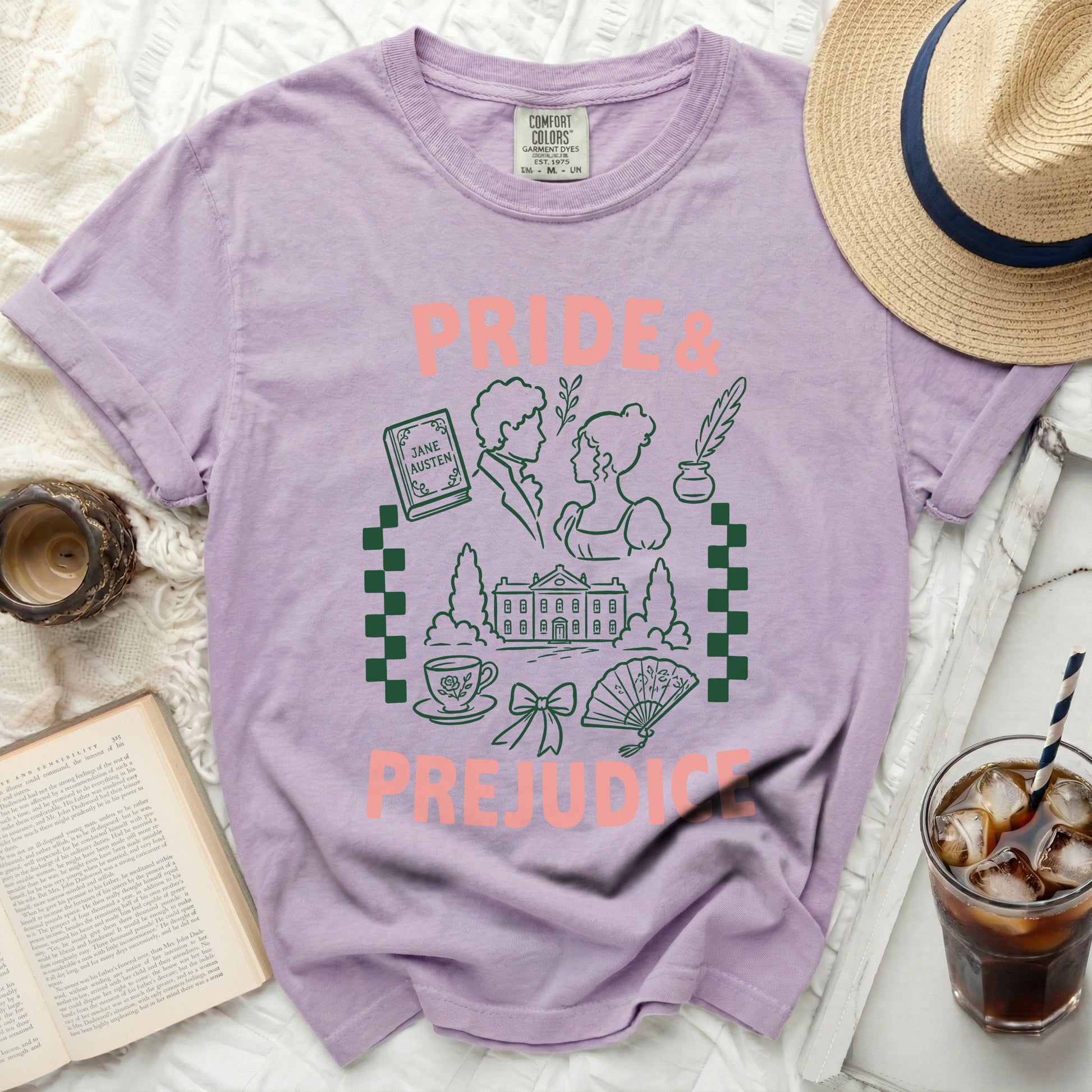 Purple t-shirt with "Pride & Prejudice" literary design.