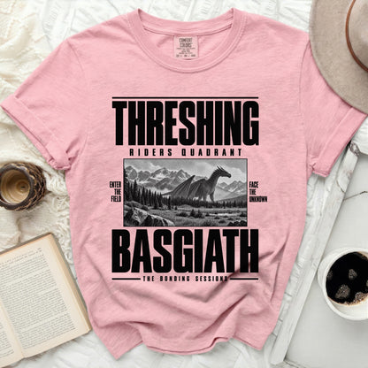 Pink t-shirt with "THRESHING RIDERS QUADRANT BASGIATH THE BONDING SESSIONS" text.