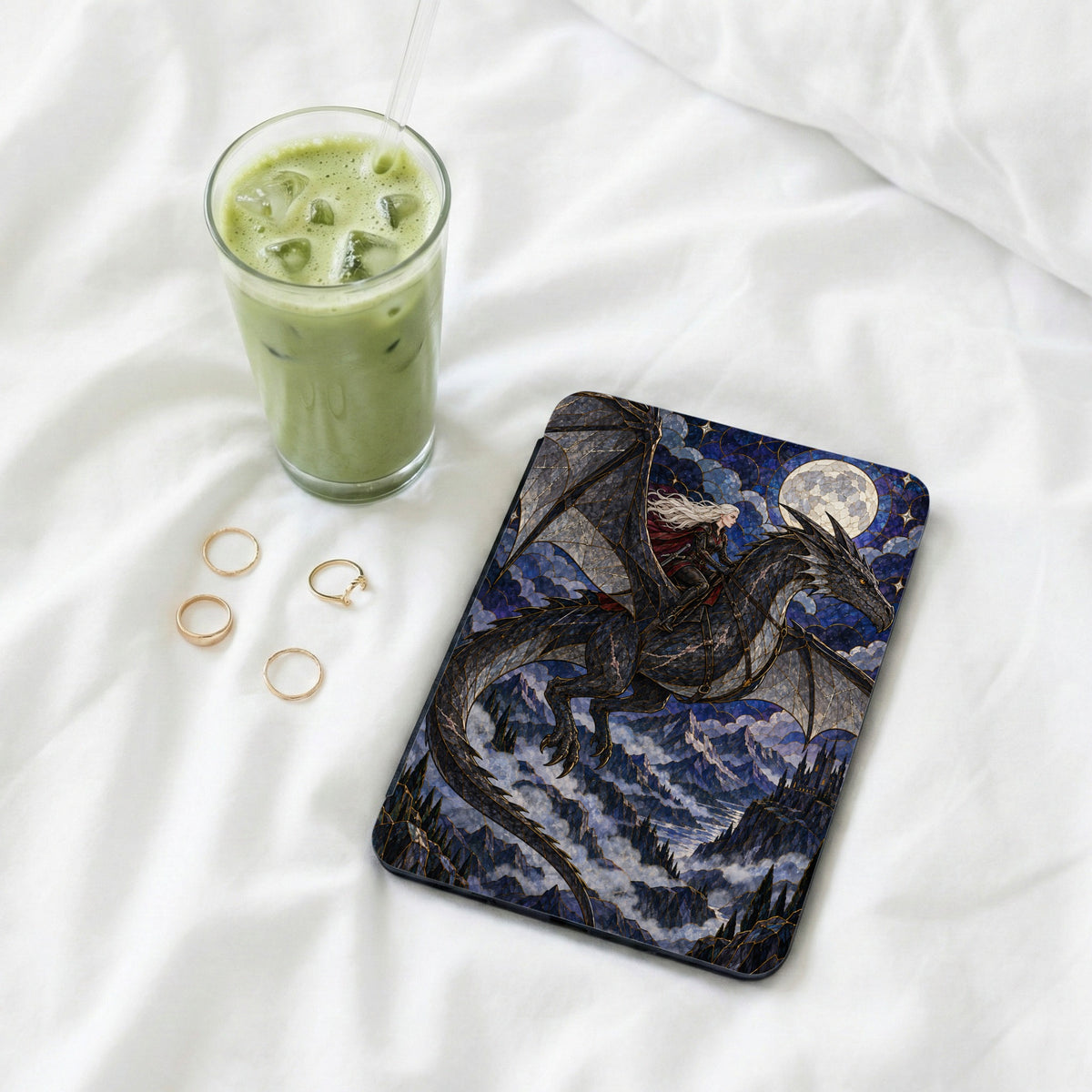 Phone case featuring dragon rider over mountains under a full moon.