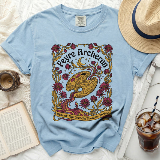 Light blue comfort colors t-shirt with Feyre Archon floral design and book references.